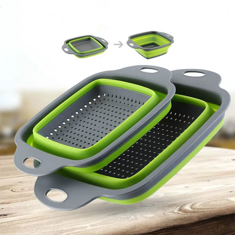 Foldable Fruit Vegetable Washing Basket Strainer Portable Silicone Colander Collapsible Drainer With Handle Kitchen Tools 2020