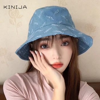 

Japanese and Korean summer women casual denim fisherman hat hip hop letter basin hat Panama hat big brim Bini hat