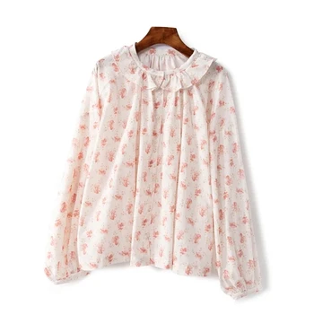 

New Floral Print Womens Blouse Ruffles Trim O-neck Long Sleeve lady Sweet Shirt and Top
