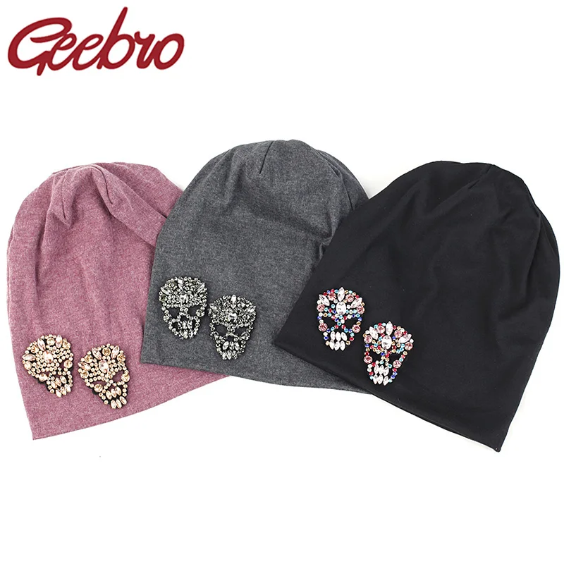 

Geebro Winter hats Skullies Rhinestone For Women Men Slouchy Soft Cotton Polyester Unisex Beanies hats Mens Hip hop Caps