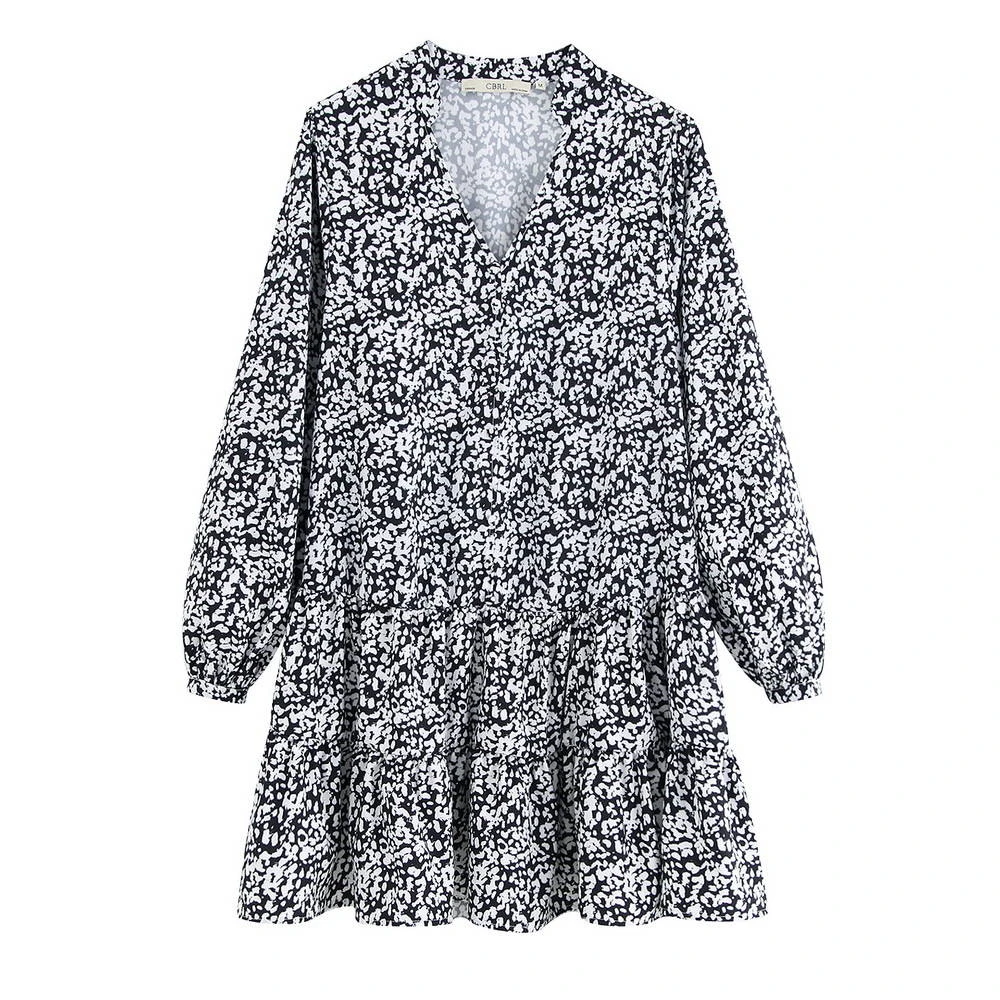 Bohemian ZA/ ; Новинка года; летнее платье с v-образным вырезом; черно-белое платье с длинными рукавами и оборками; модное тонкое платье - Color: Gray