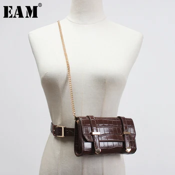 

[EAM] Metal Chains Split Joint Camel Mini-bag Brief Pu Leather Belt Personality Women New Fashion All-match Spring 2020 1U429