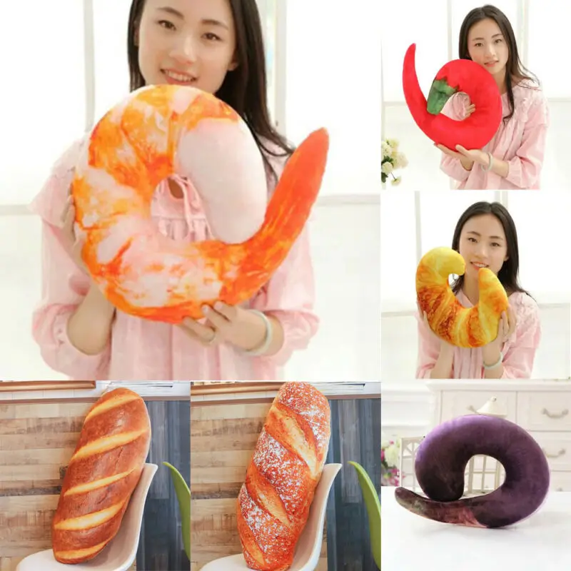 Portable U-shaped Neck Pillow Gift Travel 3D Shrimp Bread Pepper Eggplant Type Pillow Travel Home Office Decor Comfort Pillow