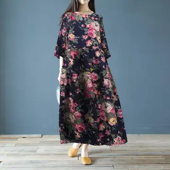 

Plus Size ZANZEA Spring Sundress Women 3/4 Sleeve Vintage Floral Printed Cotton Long Dress Vestidos Female Tunic Robe Kaftan