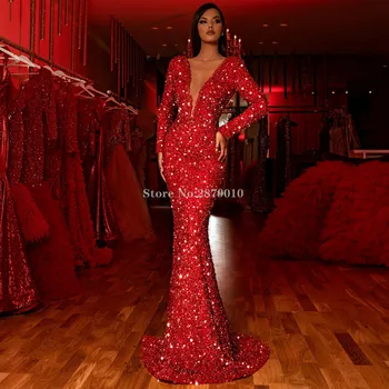 

Red African Luxury ermaid Evening Dress Long Sleeves Floor-Length Sequins Prom Dress вечернее платье Middle East Saudi Dubai