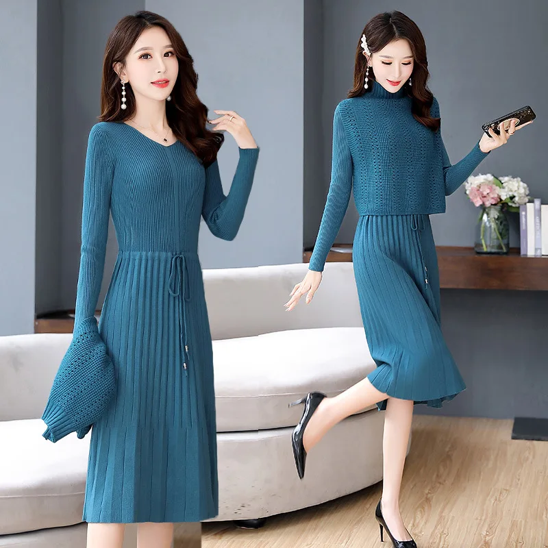 

Knitted Sweater Dress Women's Autumn And Winter Mid-length Debutante Yarn Skirt Two-Piece Set Base Skirt Quality