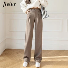 Jielur Woolen Wide Leg Pants Black Khaki 2021 Winter Korean Style Women Trousers High Waist Loose Straight Mopping Long Pants