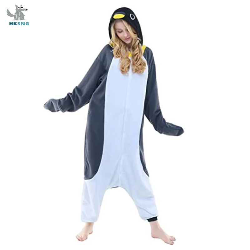 HKSNG New Adult Animal Grey Penguin Onesie Kigurumi Pajamas Gray Cartoon Fleece Costumes Jumpsuits Christmas Gift For Women Men