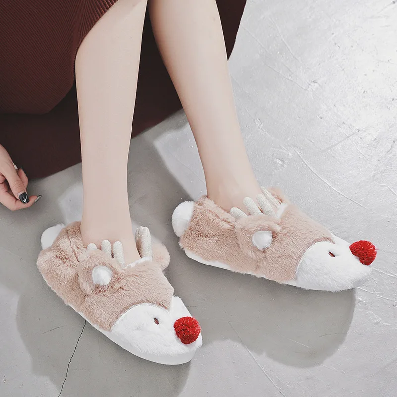 

Winter Plush Cotton Slippers Women's Warm Couples Cotton Slippers Anti-slip Rubber Bottom Christmas Deer Cover Heel Home Cotton-