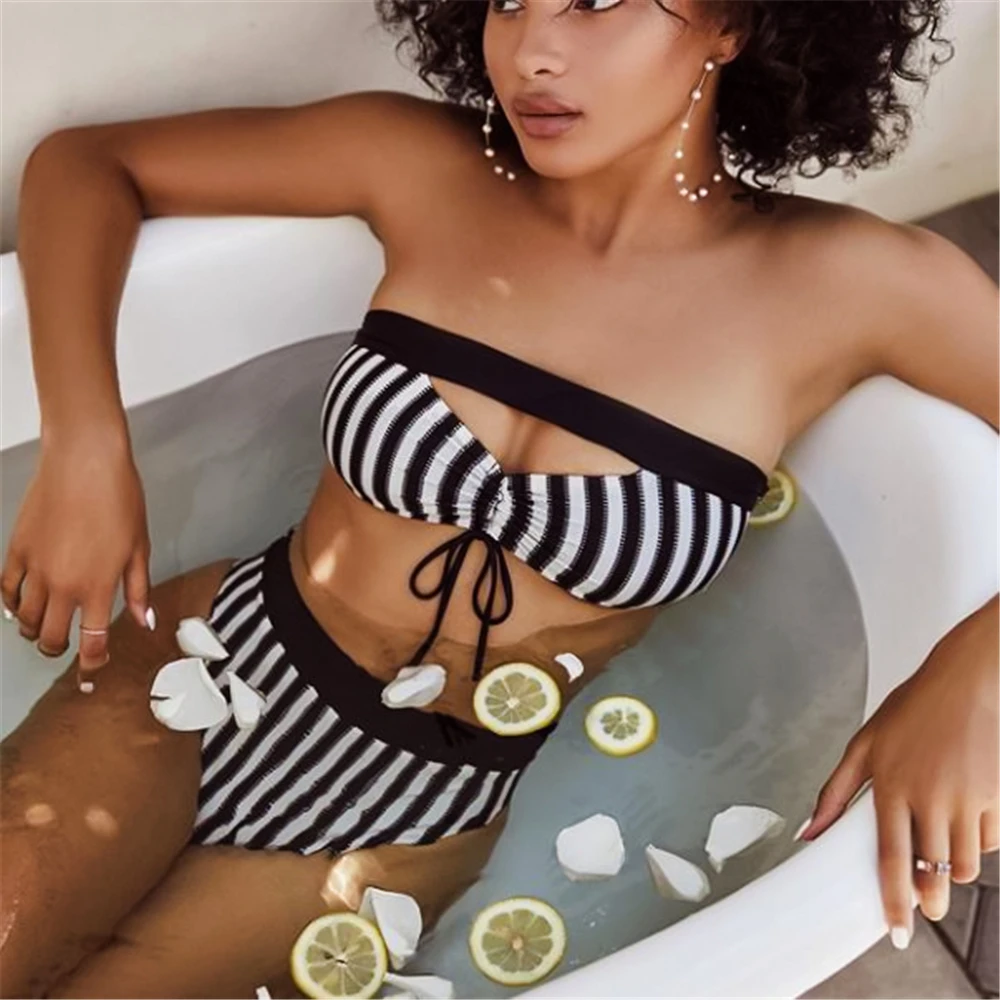 

2020 Sexy Black White Striped High Waist Bikini Set Bandeau Bandage Swim Bathing Suit For Women Swimsuit Woman Swimwear 2 Piece