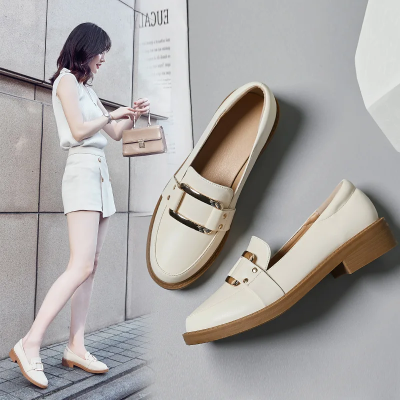 Woman Leather Shoes Spring Autumn 2020 Casual Fashion Black Loafers Flats Shallow Round Toe Slip-on Off White Shoes Women