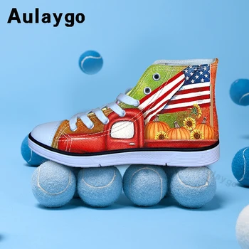 

Aulaygo Cartoon Flag Truck Pattern Children's Flat Kids Shoes Welcome Printing Girls Canvas Casual High Top Comfortable Sneaker