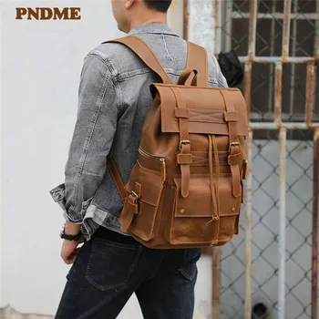

PNDME retro natural genuine leather large capacity men's backpack casual crazy horse cowhide women's travel multi-pocket bagpack
