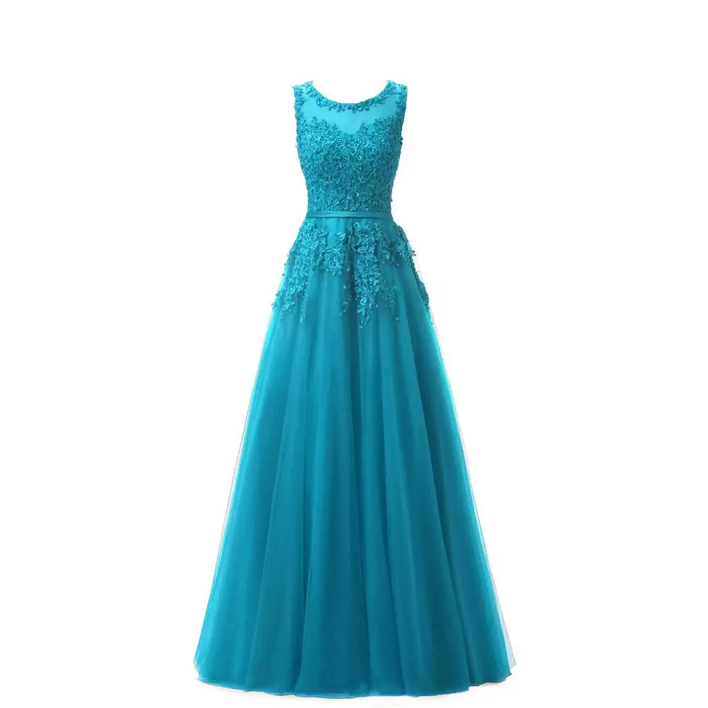 Платья для выпускного вечера с жемчугом и цветочной аппликацией длинное вечернее платье для женщин без рукавов Тюлевое платье для выпускного - Цвет: Teal blue