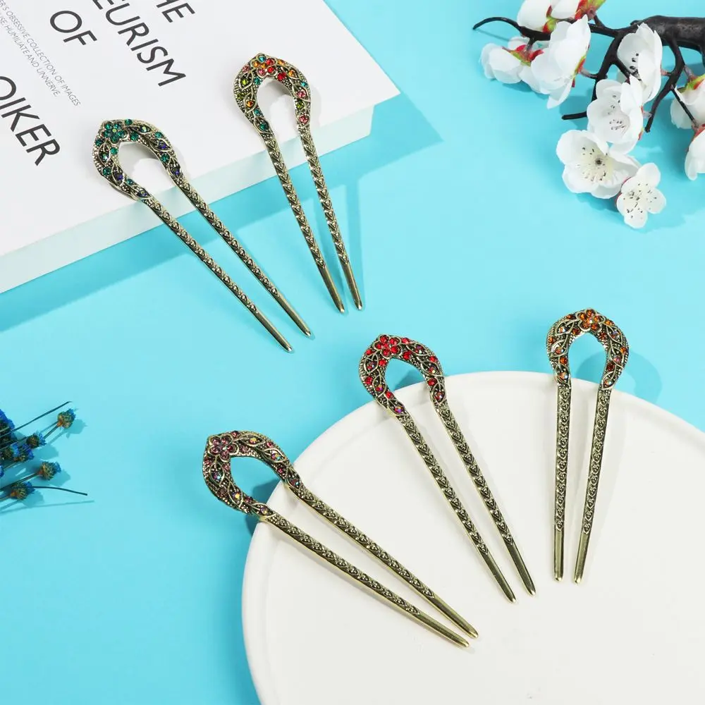 Metal Bronze U Shaped Crystal Double Prong Chignon Hair Pins Hairstyle Accessory Hair Sticks Hair Chopsticks