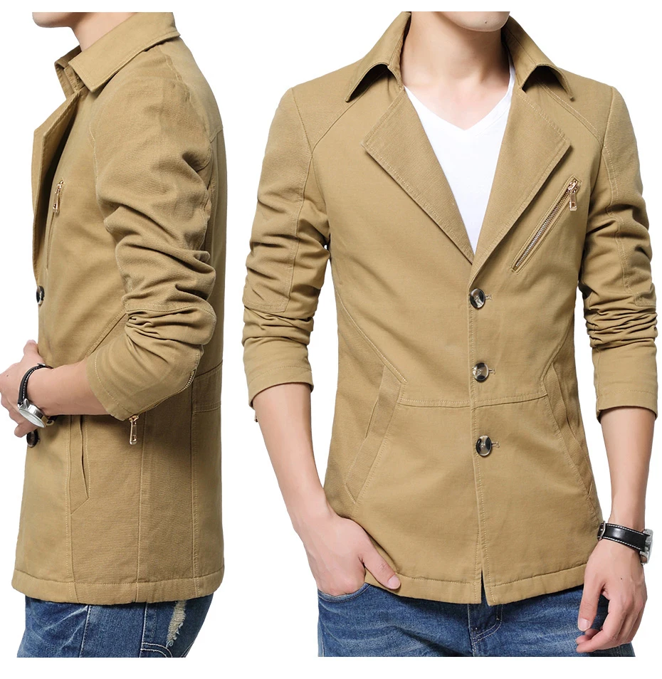 Men Spring New Business Casual Trench Coat Jacket Men Brand Fashion Long Sleeve Cotton Solid Washed Trench Coat Men