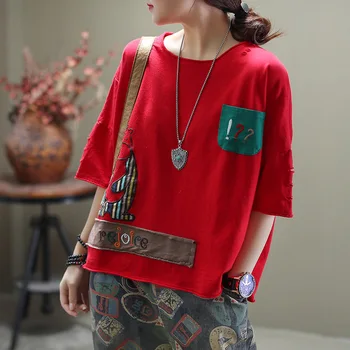 

Women Summer Fashion Folk Vintage Hollow Out O-Neck Short Sleeve Cartoon Patchwork Cute Pockets Tee Female Casual Loose T-shirts