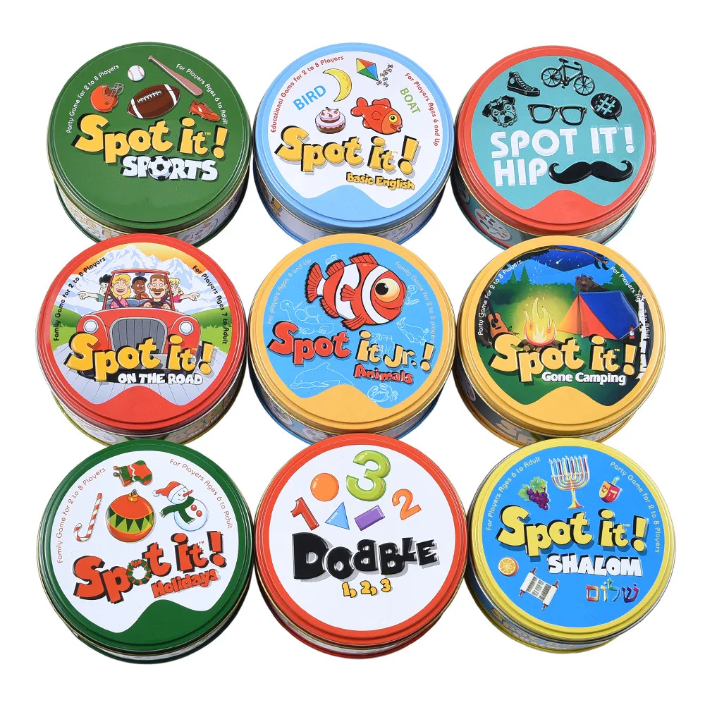 Juego de cartas Spot It de 16 estilos, caja de hierro, deporte, Go, Camping, cadera, juegos de mesa, regalo, animales, Alphabet123