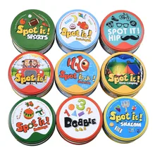 Dobble 16 arten Spot-Es Karte Spiel Spielzeug Eisen Box Sport Gehen Camping Hüfte Kinder Bord Spiele Geschenk Tiere Alphabet123