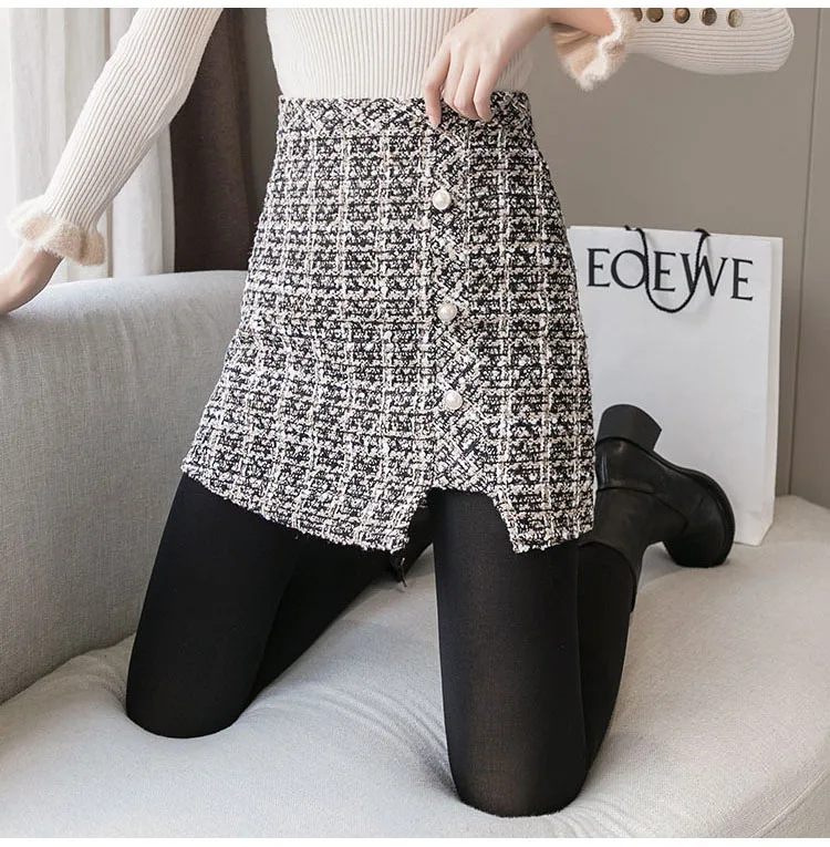 Autumn Winter Mini Tweed Skirt Women Elegant Plaid Skirts Ladies Fashion Korean High Waist Buttons Sexy Short Skirts Package Hip