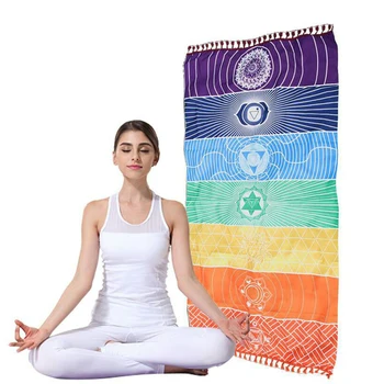 

Quick Dry Picnic Rainbow Print Rectangle Yoga Mat Colourful Lightweight Beach Towel Outdoor Swimming Travel Tapestry Tassel