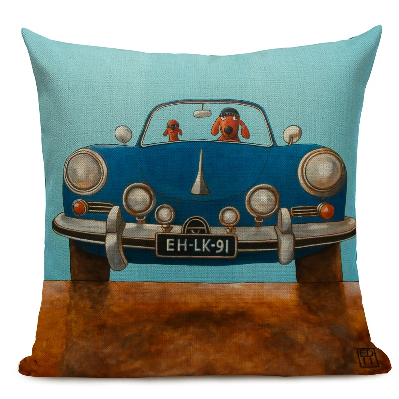 Hot Sale Pillow Lovely Cartoon Dog Cat Color Driving Car Vintage Almofadas 45X45CM Linen Pillow Decorative Linen Cushion Cover