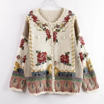 

Women Autumn Fashion Embroidered Flower Sweaters Hand-made Knitted Cardigans Top Elegant Retro Hook Pompom Cute Sweaters Jumpers