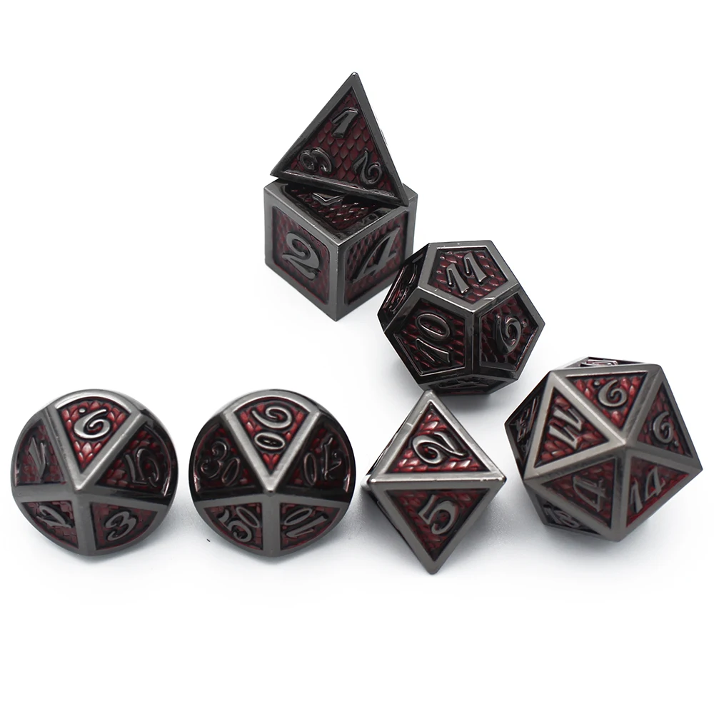 드래곤 스케일 스타일 금속 주사위 세트, D & D 벨벳 파우치, D20, D12, D10, D %, D8, D6, D4, DND RPG, 테이블 게임, 7 Pcs, 새로운 디자인