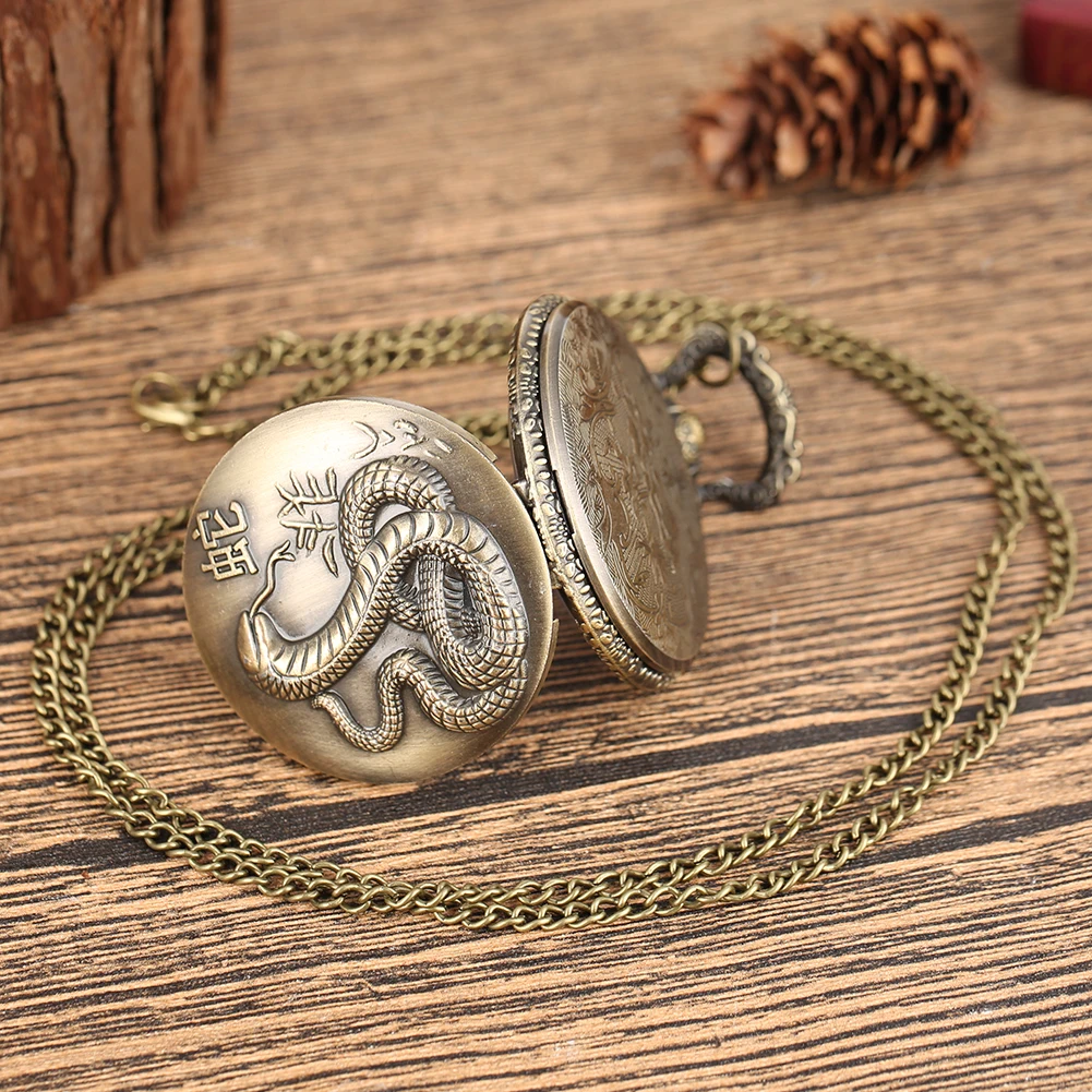 This unique bronze Chinese Zodiac Quartz Pocket Watch makes a fantastic gift for your father, brother, son for Christmas, birthday, anniversary, special occasion. This high quality pocket watch has a nice chain to keep it safe and has a fun steampunk style.