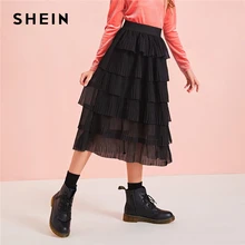 SHEIN Kiddie/черная плиссированная многослойная юбка с оборками для девочек, детские штаны года, осенняя шифоновая плиссированная юбка средней длины с высокой талией для детей