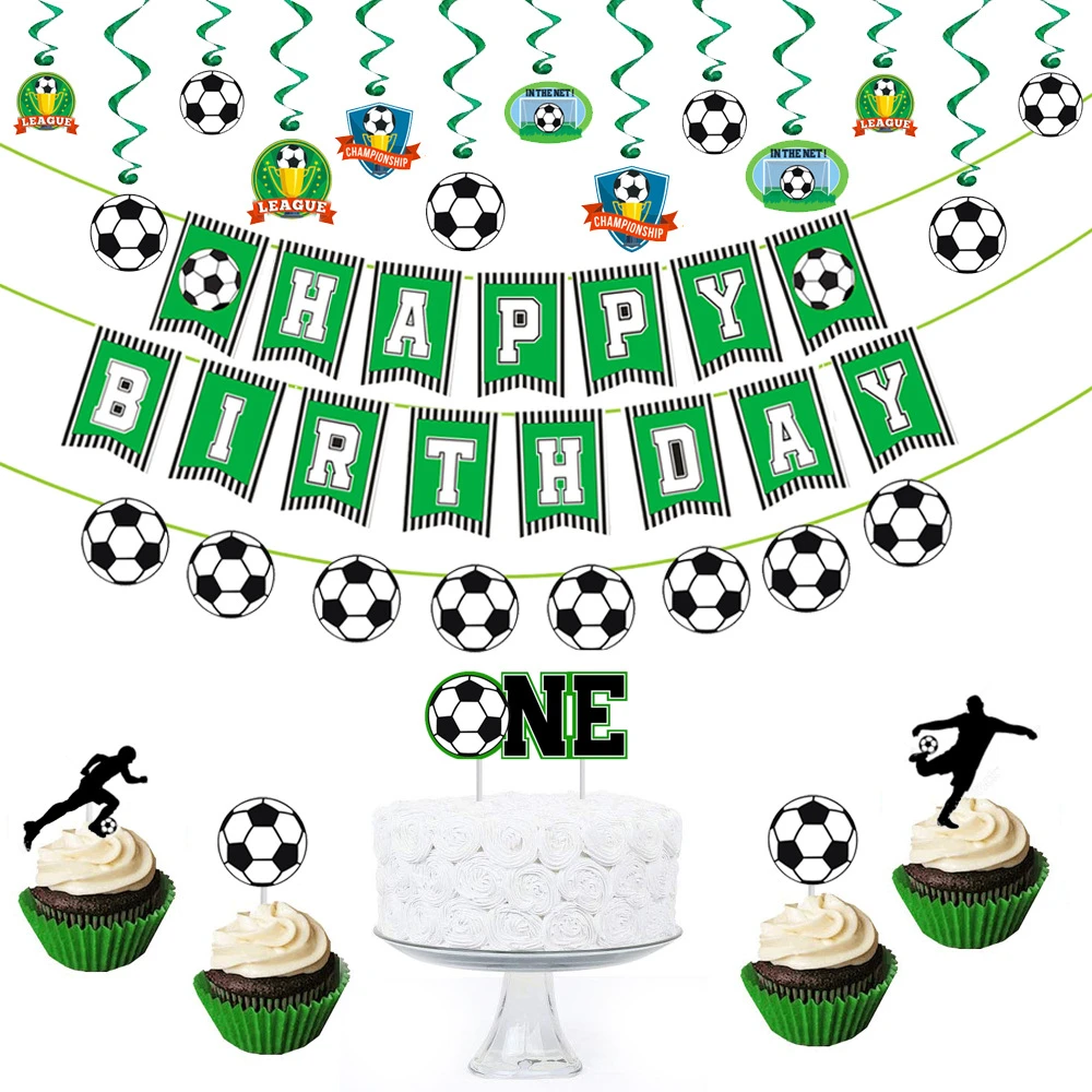 Banniere De Fete A Theme De Football Joyeux Anniversaire Banniere De Dessin Anime Garcon Football Cupcake Garniture Drapeaux Decoration Fournitures De Fete D Anniversaire Pour Bebes Enfants Aliexpress