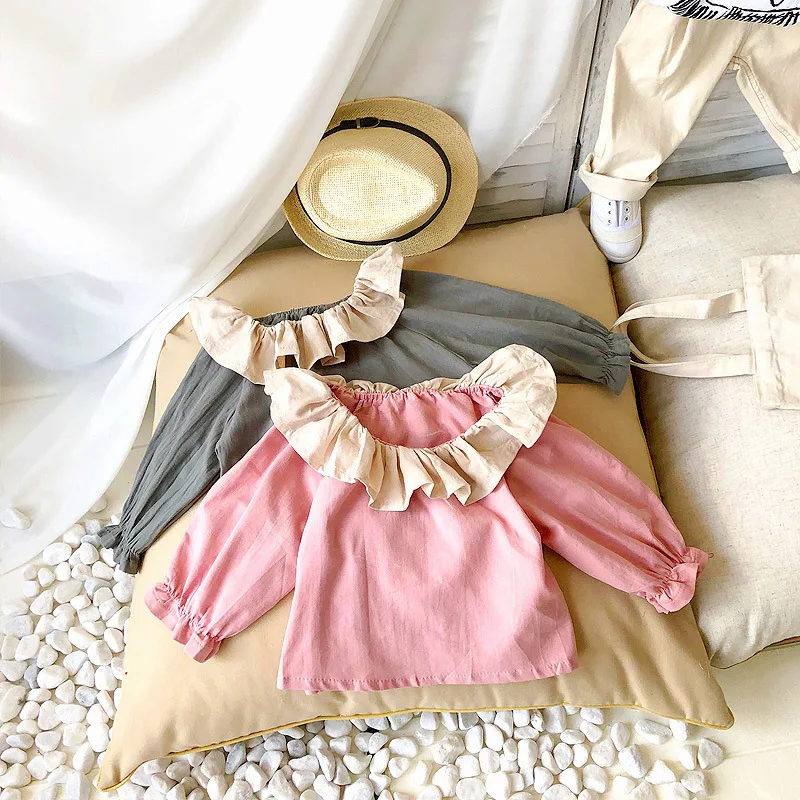 

2019 New Autumn Baby Girls Long-sleeved Ruffles Necked Solid Color Blouse Princess Bottoming Shirt Cotton Children's Blouses