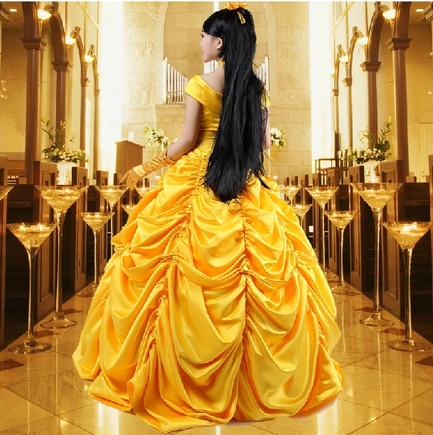 Сказка Косплэй Красота и костюмы животных Взрослый Костюм Принцесса Белль нарядное обувь для девочек желтого цвета с цветочным принтом Вечерние Длинное Платье