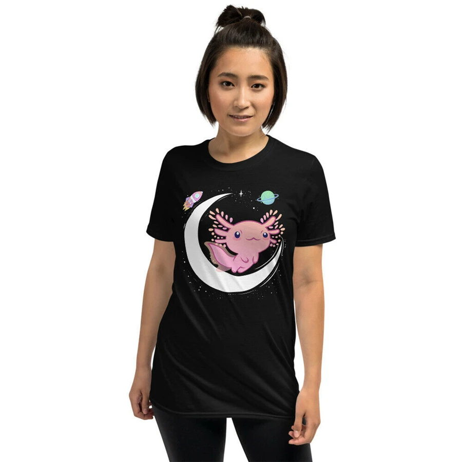 Kawaii Flying Pink Axolotl and a Crescent Moon Пастельная футболка унисекс с круглым вырезом на заказ