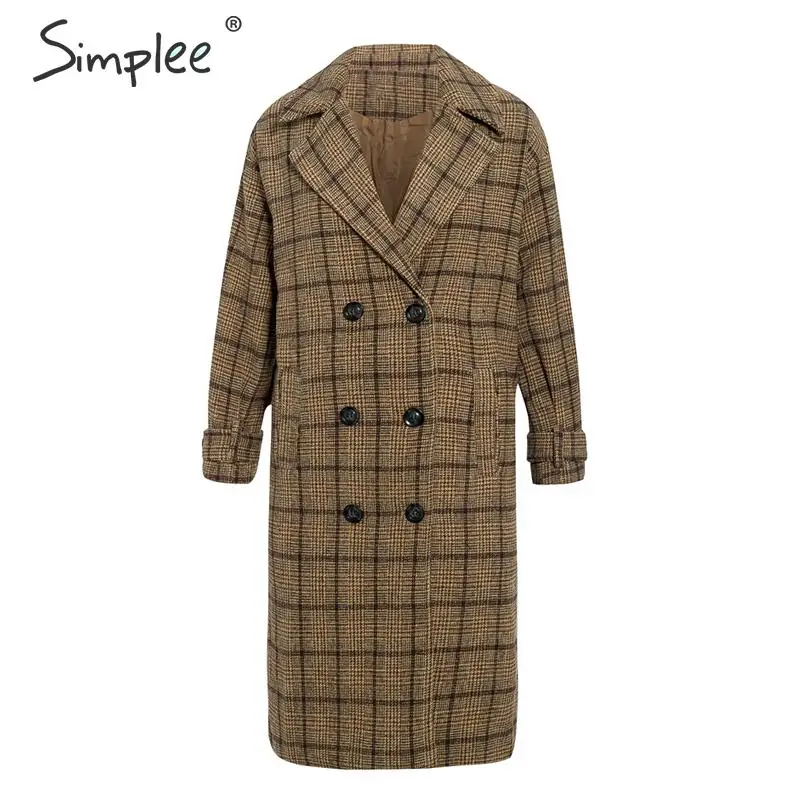 Simplee винтажное клетчатое твидовое пальто для женщин с пуговицами и карманами, женские теплые пальто, свободные осенне-зимние офисные женские длинные пальто - Цвет: Хаки
