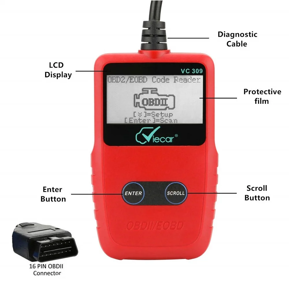 Viecar VC309 OBDII считыватель кода EOBD автоматический диагностический сканер инструмент для всех 1996 и более новых OBD 2 автомобилей Поддержка 9 протоколов