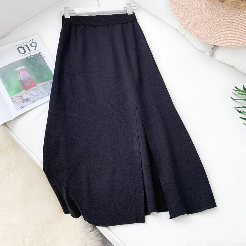 Новое поступление, Летняя трикотажная юбка средней длины, Женская юбка с разрезом по бокам, облегающая юбка - Цвет: Черный
