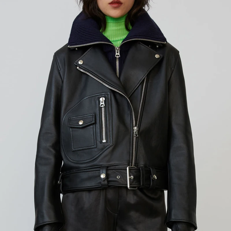 Женская короткая куртка из натуральной овечьей кожи мотоциклетная 100% 2019 | одежда