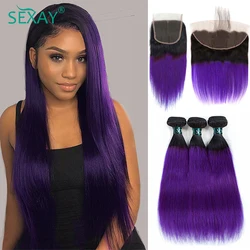 Sexay Purple Human Hair Bundles With Closure Remy Brazilian Straight Soft Hair Purple Colored Ombre Hair Bundles With Frontal