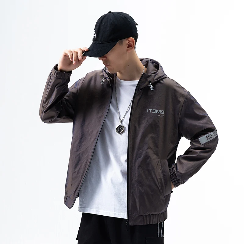 New Autumn Letters Reflecting Printed Stylish Casual Men's Hooded Jacket Fashion Up-Zipper Front Windbreaker Coats Windproof