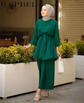 

WEPBEL Muslim Solid Color Two-Piece Suit Women's Arab O-Neck Lantern Sleeve Top + Wide Leg Pants Suit