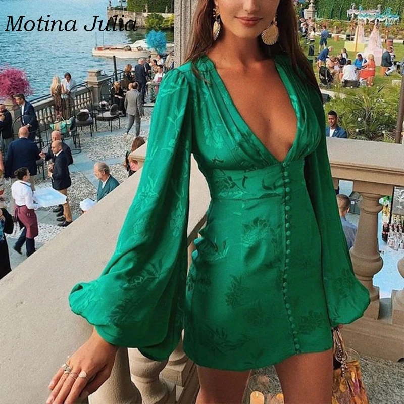 

Motina Julia sexy green floral jacquard button dress women puff sleeve mini dress sexy party club mini dress female vestidos