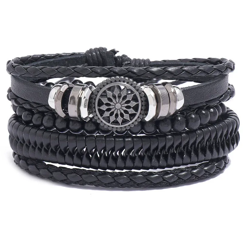 Leather Bracelets Modyle 4pcs/ set Adjustable Leather Bracelets for Men Braided Black Brown Bangle Life Tree Leaf Rudder Charm Bracelet Gift leaf bracelet charm bracelet leather bracelets