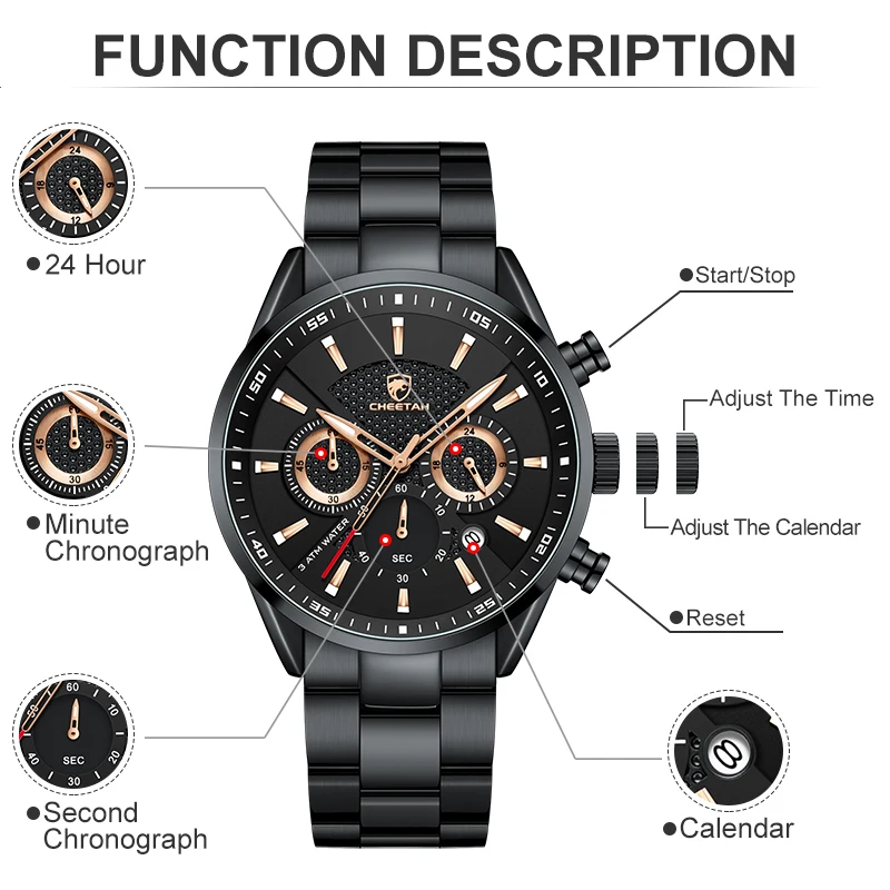 CHEETAH New Watch Top Brand Casual Sport Chronograph Men's Watches Stainless Steel Wristwatch Big Dial Waterproof Quartz Clock 3
