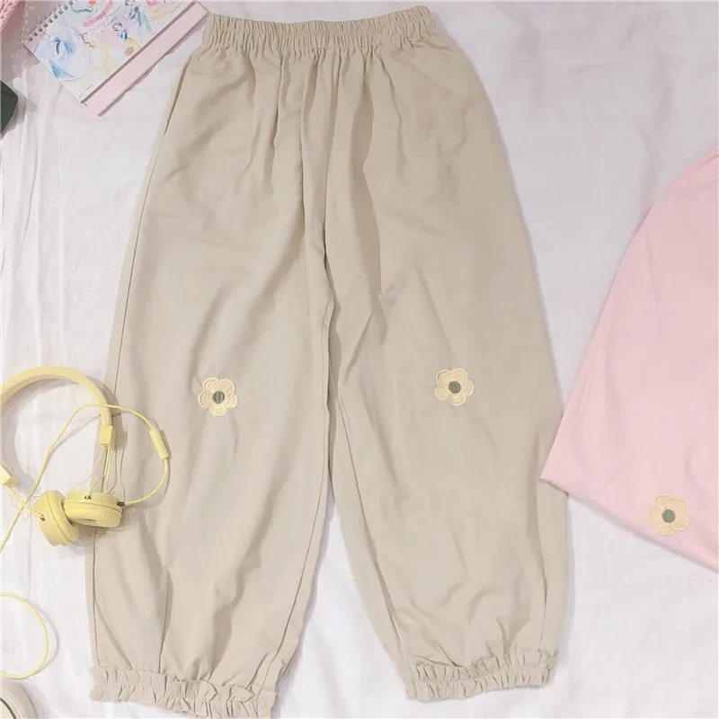 Khaki Женские милые шаровары с цветочной вышивкой, однотонные, милые, с эластичной резинкой на талии, мягкие, свободные, женские брюки - Цвет: Khaki