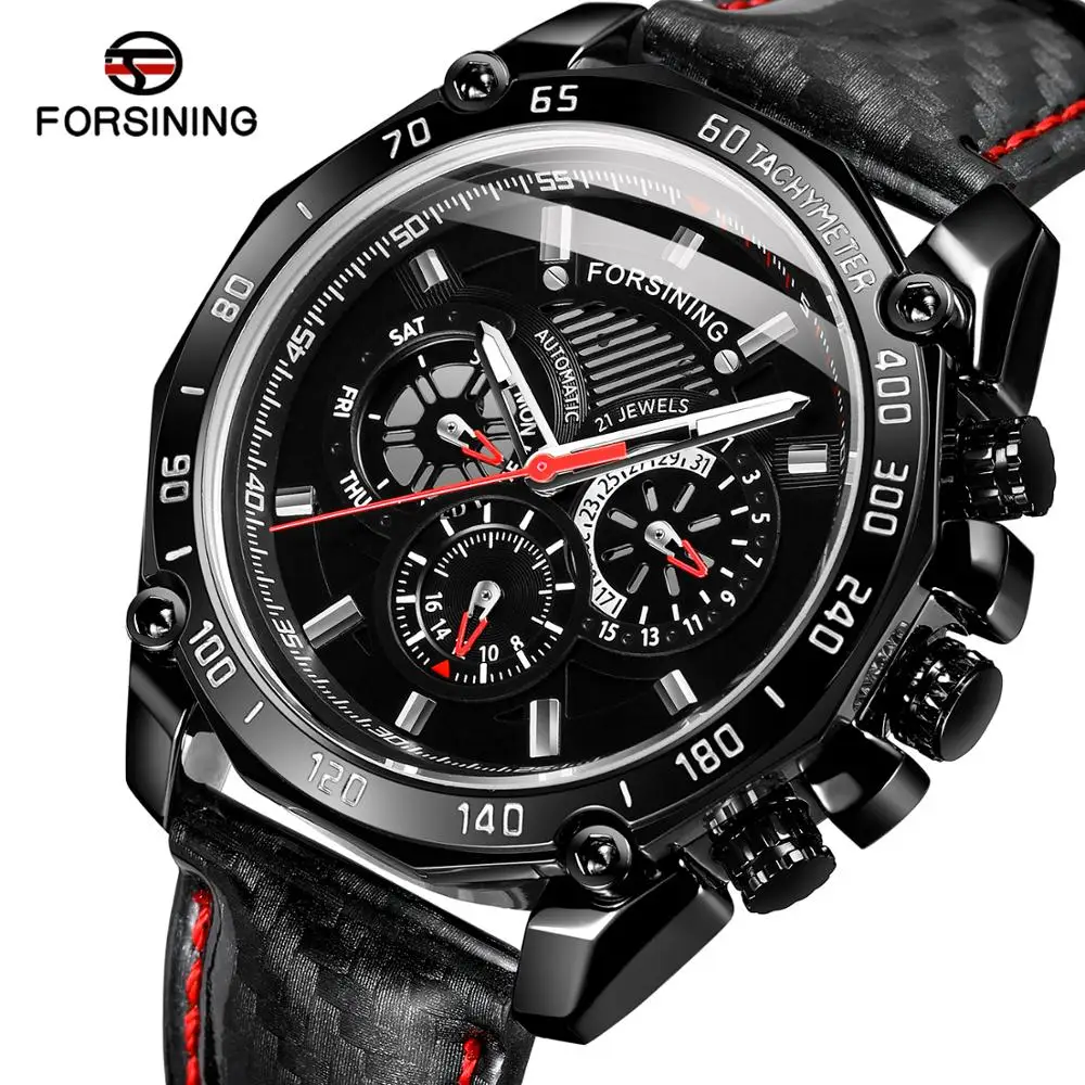 

Forsining 2019 New Fashion Mens Watch Automatic Black 3 Dial Calendar Luminous Hand Reflective Leather Band Mechanical Watches