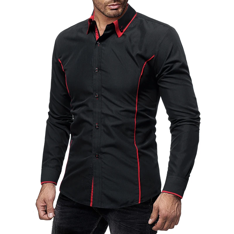 Бренд Camisa Masculina рубашка с длинными рукавами для мужчин корейский Тонкий двойной воротник дизайн сплошной Повседневное платье рубашки плюс размер черный - Цвет: Black Red Shirt Men