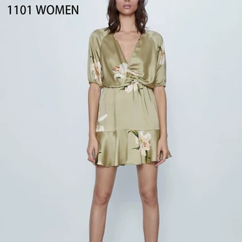 

ZA NEW summer Spring women ecru printed V-Neck short sleeve elastic waist knot above knee dress casual sexy female clothes