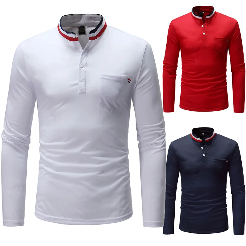 

Men'S Wear New Arrival 2018 Autumn New Style Three-Color Stripes Screw Type Men's Slim Fit Long Sleeve Stand Collar T-shirt T10