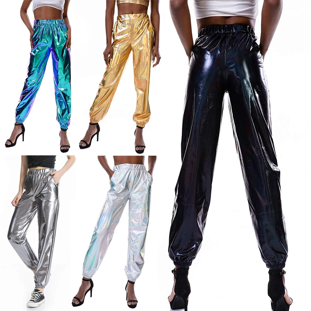 

Metallic Shiny Jogger Pants Women Harem Hip Hop High Waisted Glittening Streetwear Elastic Trousers